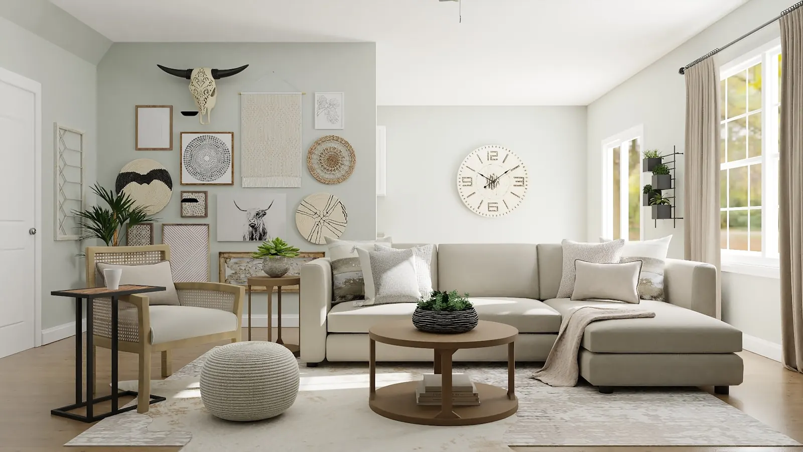 Light living room with pale flooring and soft neutral furniture