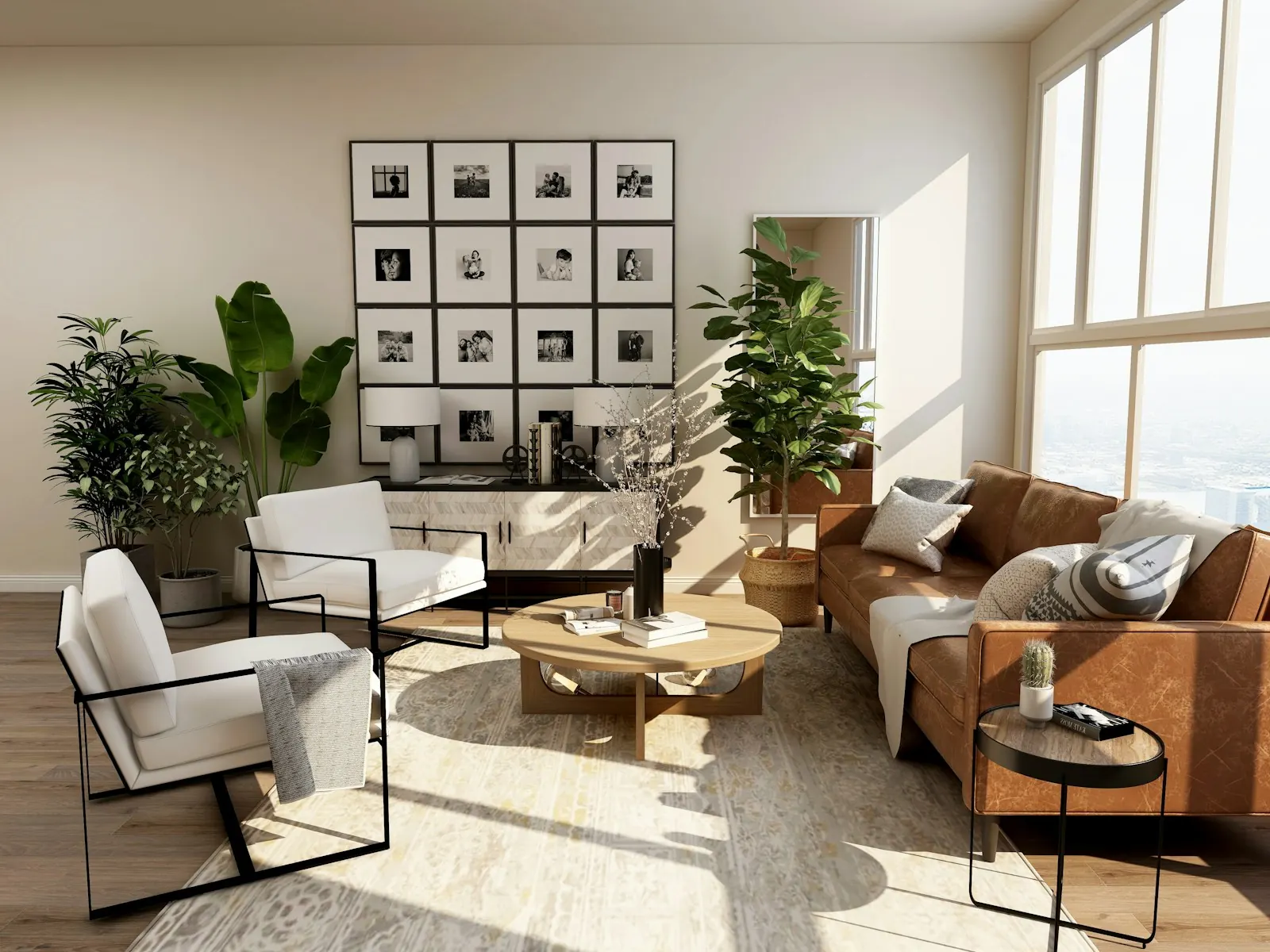 Sunlit living room with warm wood-look flooring