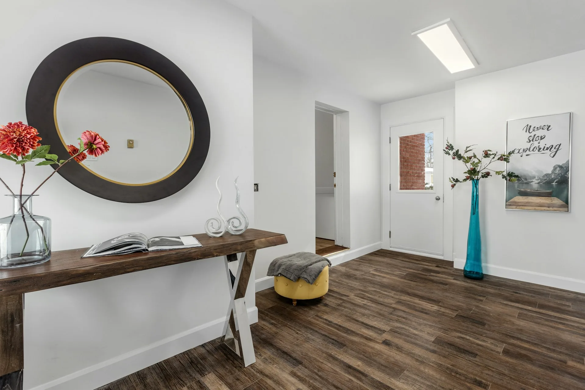 Hallway with a wood-look plank floor