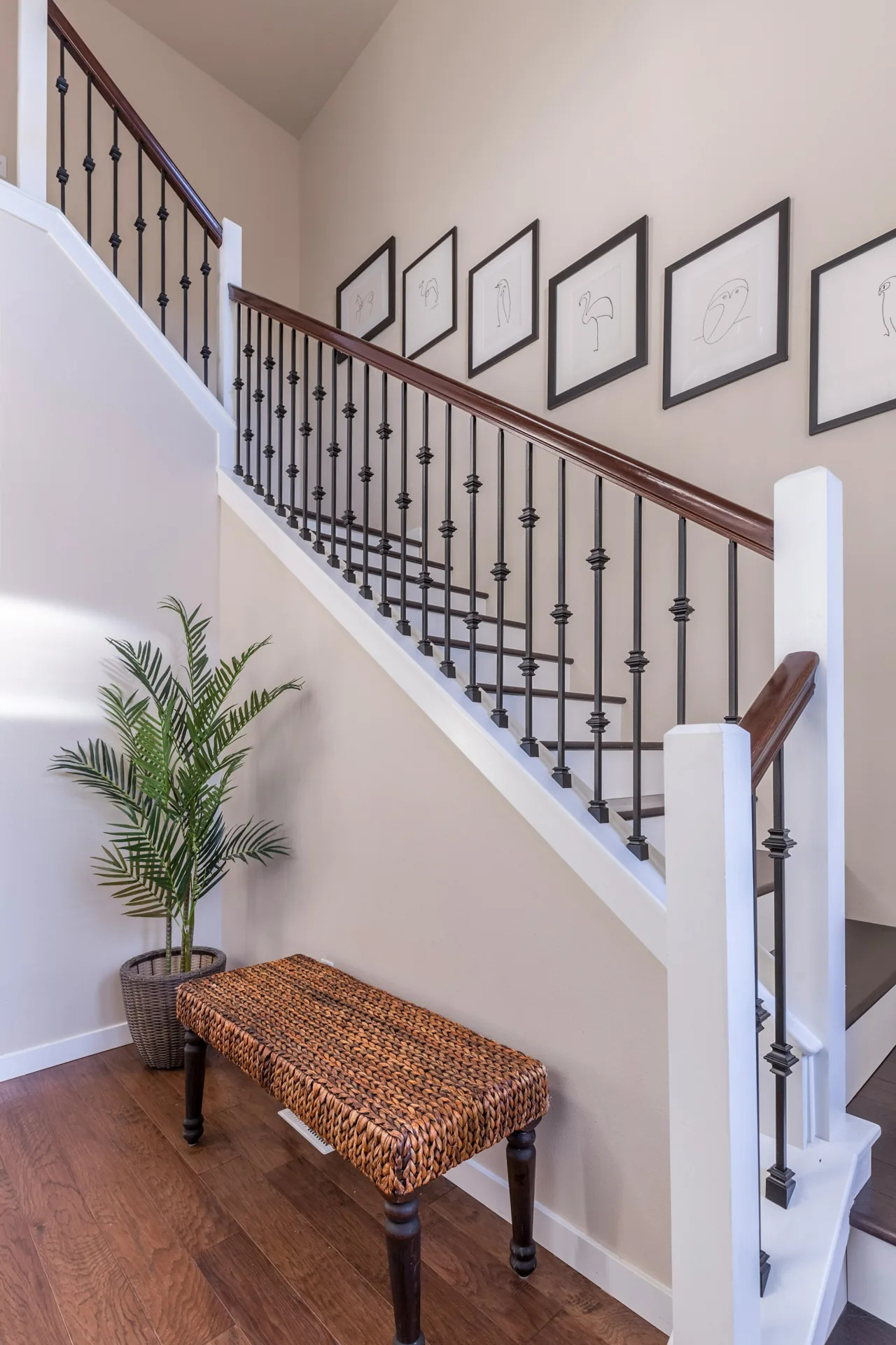 Entry staircase with white risers above a wood floor